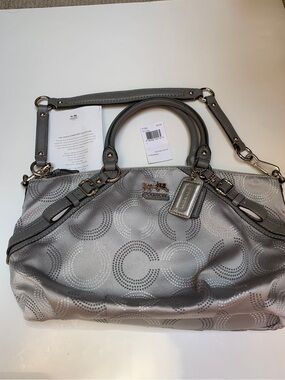 BNWT Vintage Coach Grey Leather and Logo Fabric Shoulder Bag